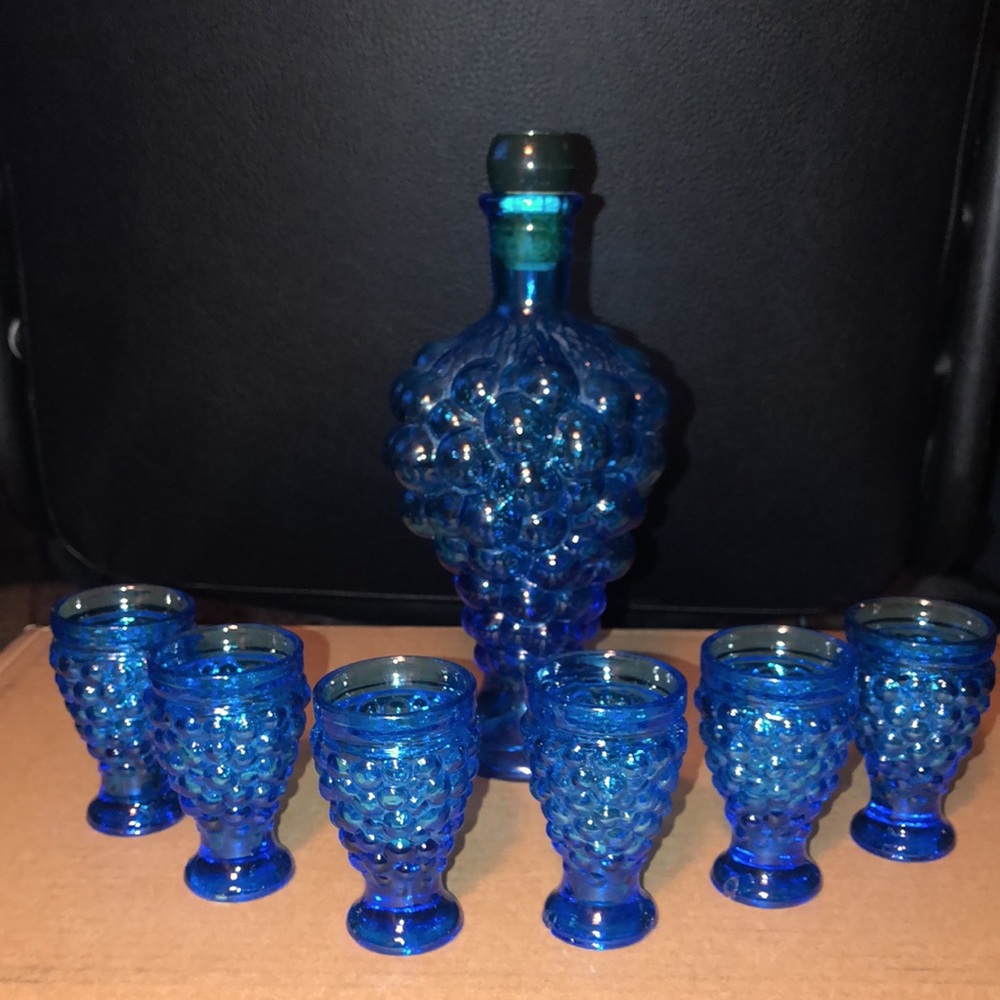 Vintage Cobalt Blue Grape Cluster Glass Decanter with 6 shot glasses